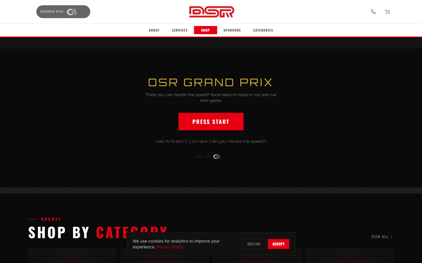 DSR Grand Prix mini-game teaser with "PRESS START" CTA