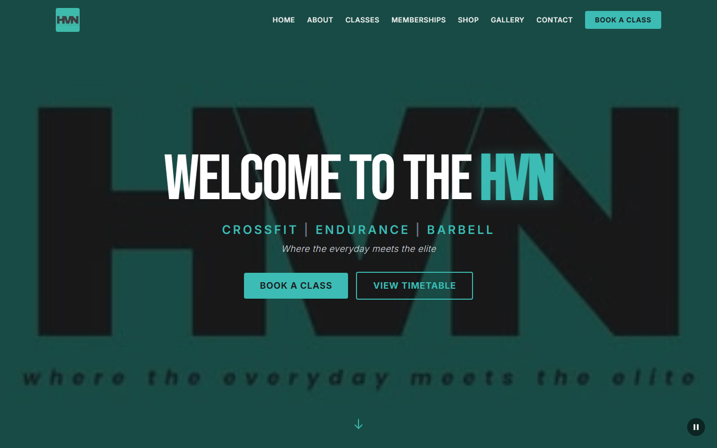 Home — full-bleed video hero, "Welcome to the HVN" with CrossFit · Endurance · Barbell
