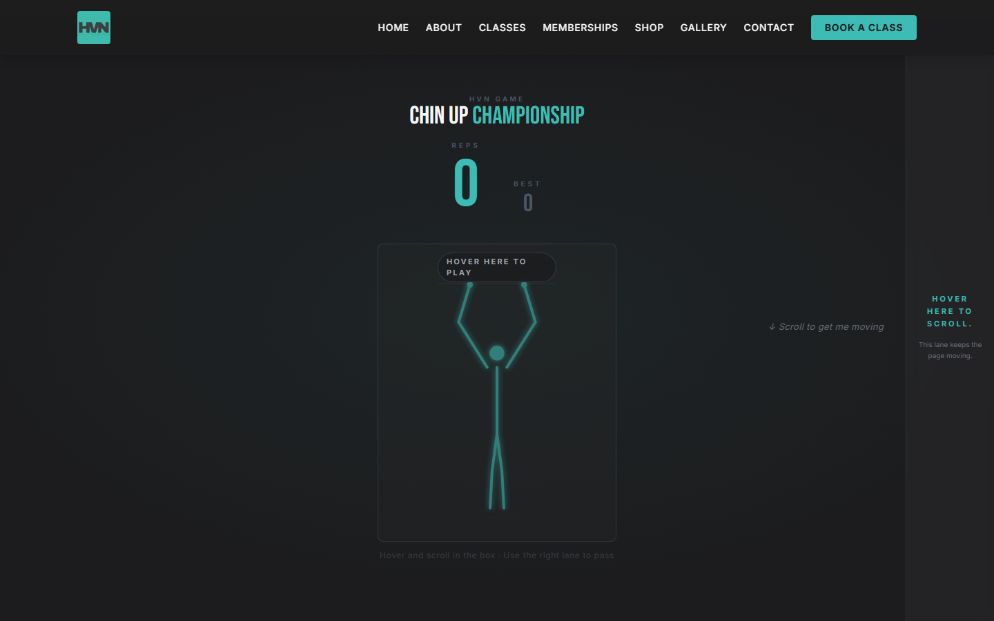 Home — bespoke "Chin Up Championship" scroll/touch physics mini-game with a persistent personal best