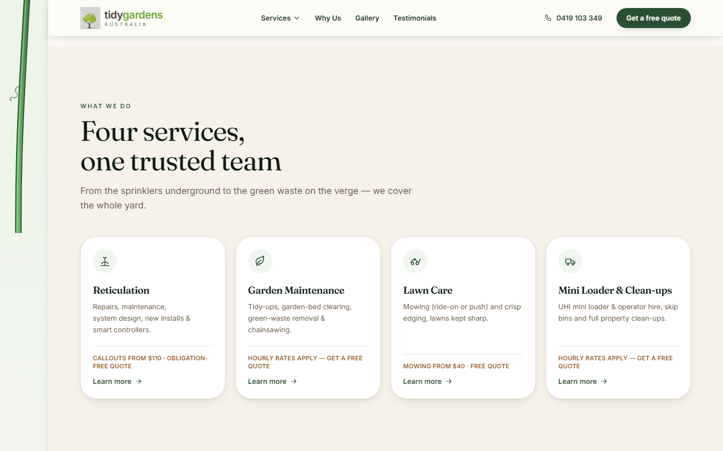 Home — "Four services, one trusted team" as the vine grows on scroll